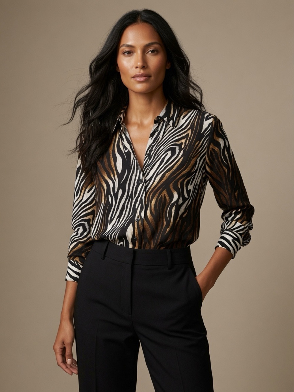 Equipment Silk Zebra Print Button-Down Shirt in Black/White/Brown XS